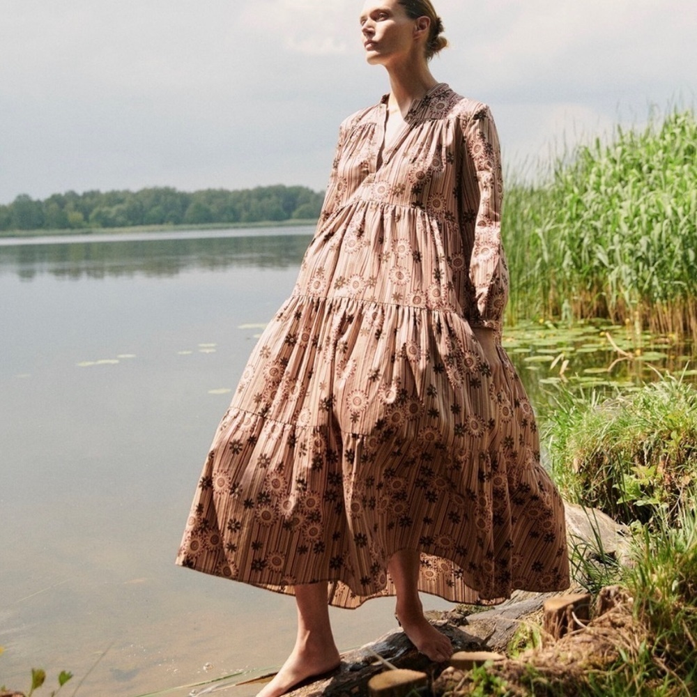 Tan Floral Stripe Tiered Maxi Dress Long Sleeve Split Neck Boho Cottagecore XS